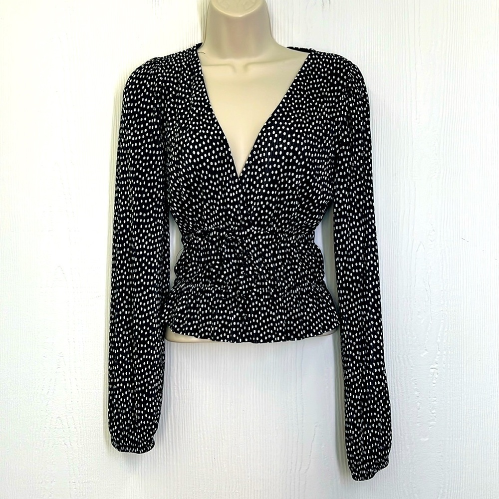 Zara - Polka Dot Black & White Plunge Tie Silky Long Sleeve Blouse Size Small